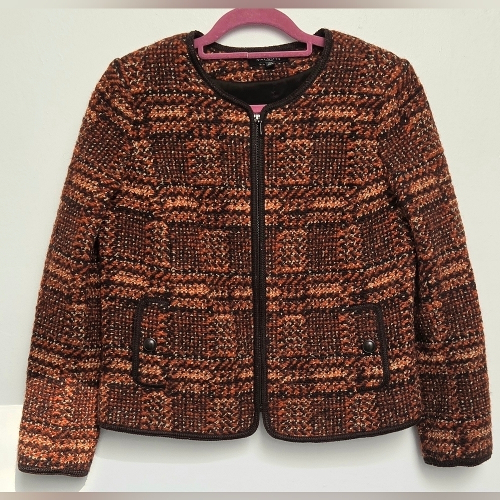 Talbots Jacket Blazer Coat Womens Size 10 Wool Blend Tweed Brown Orange Zipper